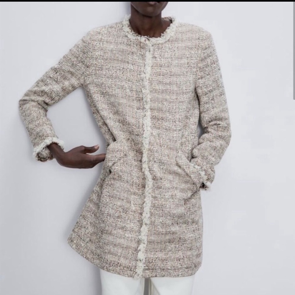 Like NEW Zara Tweed Multicolor Neutral Textured Weave Frayed Edges Blazer CoatXS